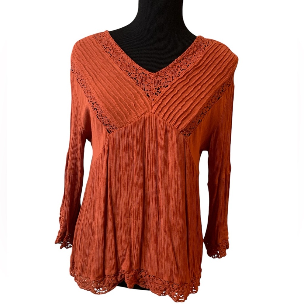 Adiva Burnt Orange Bell Sleeve Lace Detail Crepe Flowy Top Women’s Medium - Picture 1 of 7